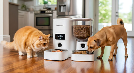 An automatic pet feeder dispenses food for a cat and a dog in a modern kitchen setting, showcasing pet care technology