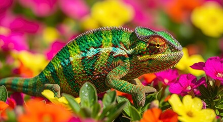 Obraz premium A vibrant chameleon with textured colorful skin is positioned among pink yellow and orange flowers and green foliage