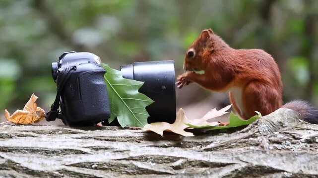 Red squirrel reaches out curiously toward a camera lens nestled on a tree trunk