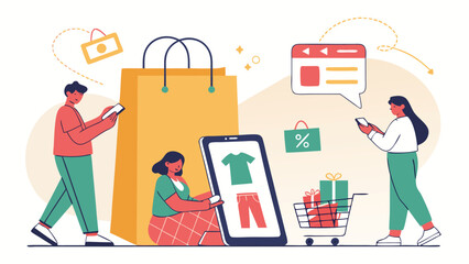 Happy diverse shoppers using mobile apps for online clothes shopping and discounts.