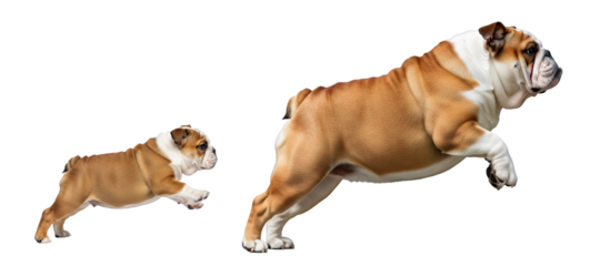 An adult English bulldog and its puppy leap joyfully in mid-air, showcasing their playful nature. This lively interaction highlights their bond and energy.