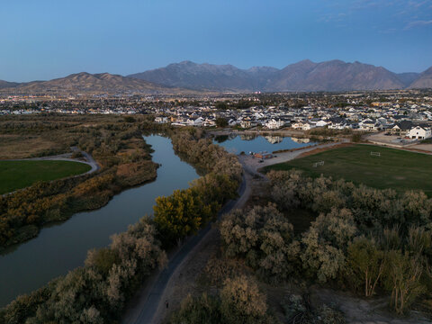 Aerial view of Lehi, Utah, looking east towards the mountains