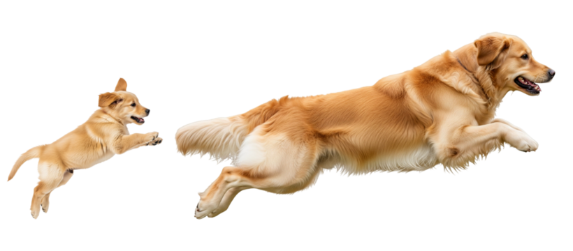 An adult golden retriever and a playful puppy are captured mid-jump, showcasing their energy and bond. The light setting highlights their vibrant golden fur and enthusiasm.