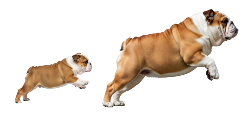 An adult English bulldog and its puppy leap joyfully in mid-air, showcasing their playful nature. This lively interaction highlights their bond and energy.