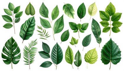 A collection of various green leaves, branches, and foliage