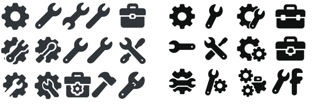 Different types of tool icons and symbols arranged in a grid showcasing various tools and equipment for mechanical work in black silhouette style