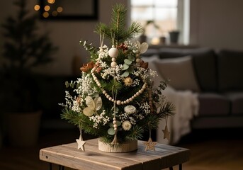 A small, decorated christmas tree with natural ornaments and fairy lights in a cozy room