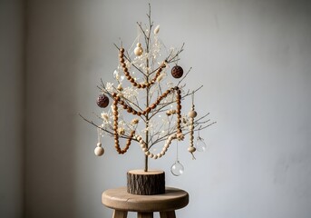 Rustic twig christmas tree with natural bead garland on stool