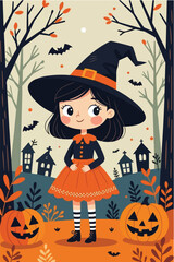 Cute Little Witch Celebrating Halloween with Pumpkins and Bats in Autumn Forest