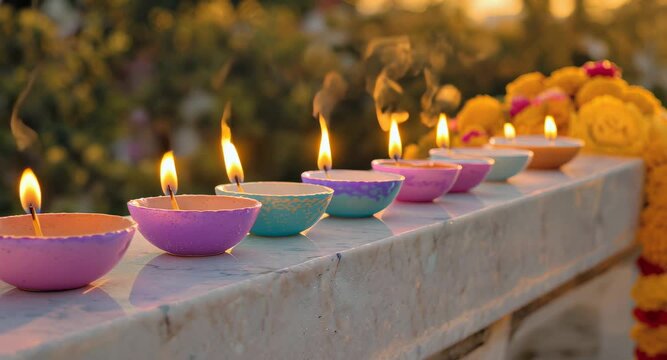 Diwali, Diwali diyas, signifying light over darkness, is arranged against a soft backdrop of the rising sun. Hindu festival, Diwali festival 