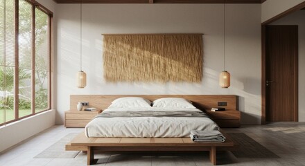 Bright bedroom with a natural aesthetic featuring a wooden bed straw wall hanging and a large window
