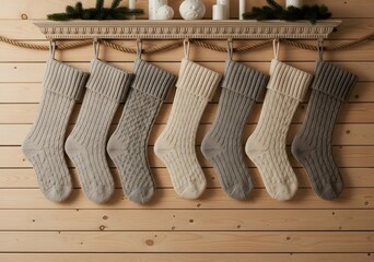 A row of knitted christmas stockings hanging on a wooden wall