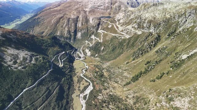 Furka Pass Road with View to Grimsel Pass in the Swiss Alps