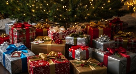 Beautifully wrapped christmas presents under a decorated evergreen tree