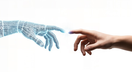 Digital artificial intelligence hand made of binary code reaching out to touch a human finger, symbolizing the connection between technology and humanity, isolated on white background