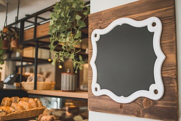 A Rustic Wooden Framed Chalkboard Sign Hanging on a Wall in a Cozy Bakery Setting, Perfect for Menu or Advertisement