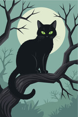 Mysterious Black Cat Sits Upon a Twisted Tree Branch Under a Pale Full Moon