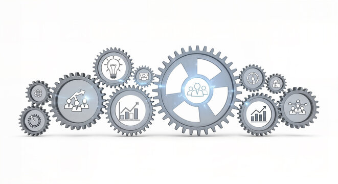 Interlocking gears with business icons inside, representing teamwork, process, and industry, isolated on white background