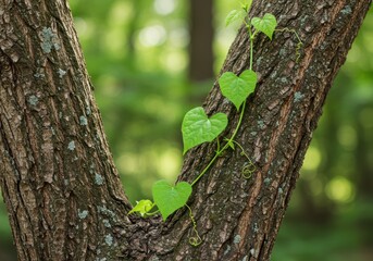 Obraz premium Vibrant green vine ascending a textured tree trunk in a lush forest setting