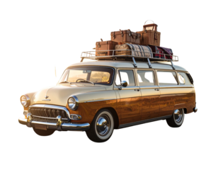 Vintage Station Wagon with Road Trip Props PNG