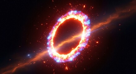 A vibrant elliptical energy ring glows amidst a cosmic dust cloud and distant stars