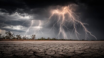 Lightning storm illuminating dry cracked earth and sparse trees