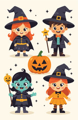 Cute Children Dressed as Witches and Wizards for Halloween Celebration