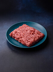 Raw ground beef or pork, fresh meat for burgers or other dishes. Raw beef minced meat