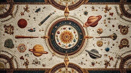 Ornate celestial mosaic featuring planets stars and astronomical instruments in a detailed pattern