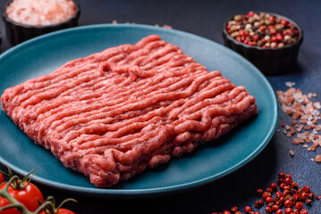 Raw ground beef or pork, fresh meat for burgers or other dishes. Raw beef minced meat