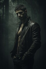 Alpha werewolf man in leather jacket on dark forest background
A tall muscular man with rugged charm stands in a fitted leather jacket, his intense presence radiating danger and allure.  