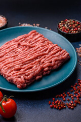 Raw ground beef or pork, fresh meat for burgers or other dishes. Raw beef minced meat