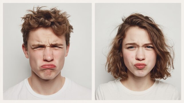Studio shot of two young people making disgusted faces