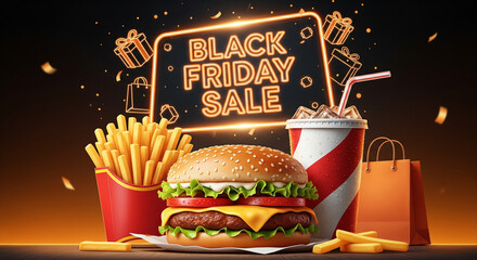 Black Friday fast food poster with burger, fries and soda