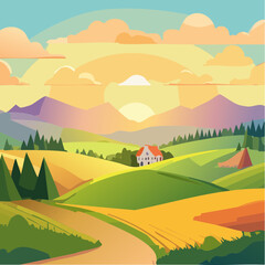 landscape with green fields and blue sky