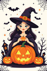 Charming Halloween Witch Holding a Pumpkin with Spooky Decorations and Bats