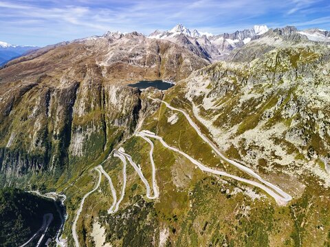 Winding Mountain Road of Grimsel Pass in the Swiss Alps &ndash; Aerial View
