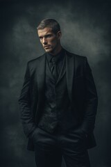 Obraz premium Dark fantasy vampire prince in elegant black suit on stormy grey background A tall, muscular man with aristocratic features stands in a tailored black suit