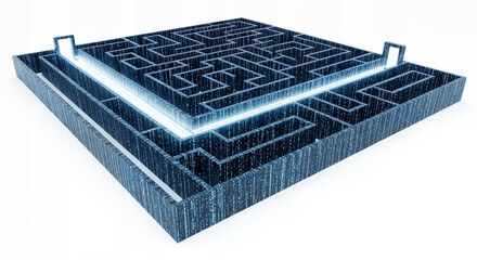 Abstract digital maze with glowing blue light trails entering and exiting, representing a complex problem or data flow, isolated on white background
