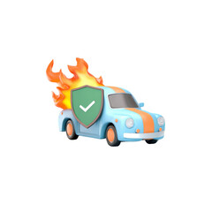 Light blue car with orange accents, a green shield with a check mark, a stylized fire coming from the car, transparent background