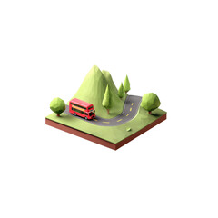 A low-poly stage where a red double-decker bus travels on a winding road. Transparent background.