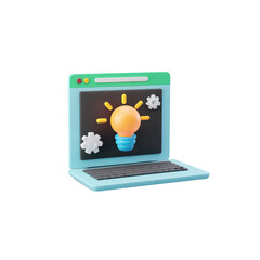Laptop with a black screen and a floating orange and blue light bulb surrounded by small yellow rays. Transparent background.