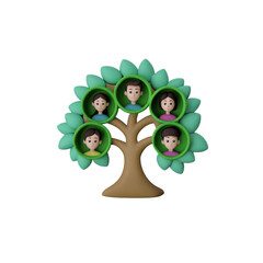 Tree depicts family members in a circular, foliated frame. Transparent background.