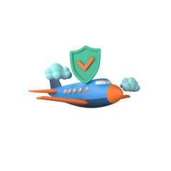 Airplane. Above the airplane is a green shield with an orange check mark, symbolizing protection. Soft white clouds float nearby. Transparent background