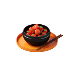 A serving of tteokbokki, Korean spicy rice cakes, is presented in a black bowl on a suitable orange tray, transparent background