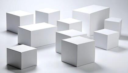A collection of white, geometric cubes, some square and rectangular, placed on a bright, clean surface. Soft shadows give the impression of depth and volume. A minimalist, modern composition