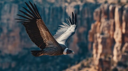 Ultra detailed side view of vulture soaring over canyon cliffs wings spread wide cinematic wildlife photography