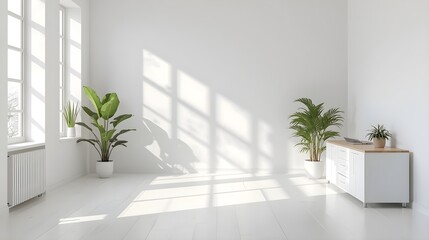 Bright minimalist interior with lush plants and natural light creating a serene, modern workspace atmosphere.