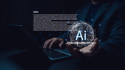 Businessman working on a laptop while holding a global artificial intelligence icon, representing data processing, network connections, and innovative technology