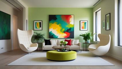 Modern Living Room with Vibrant Artwork and Cozy Seating